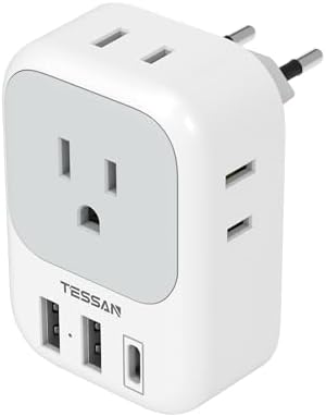 European Travel Plug Adapter USB C, TESSAN International Plug Adapter with 4 AC Outlets and 3 USB Ports, Type C Power Adaptor Charger for US to Most of Europe Iceland Spain Italy France Germany