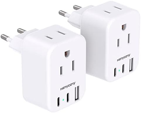 European Travel Plug Adapter for International, Italy Spain Power Adapter, 2 Outlets 2 USB C Ports, Type C Adapter Travel Cruise Essentials for Amercian US to Most Europe France Germany EU, 2 Pack