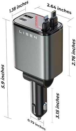 LISEN Retractable Car Charger 4 in 1 [69W USB C Car Charger Adapter] iPhone 16 Car Charger Fast Charging, Gift for Men Women, Car Accessories USBC Car Charger for iPhone 16 15 14 13 12 Android, Gray - Image 6