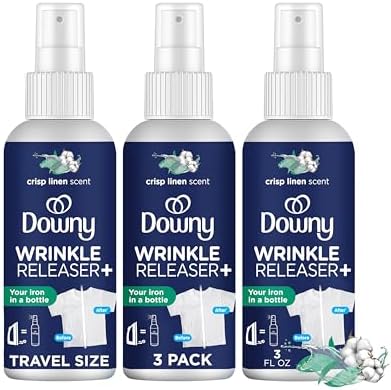 Downy Wrinkle Release Spray, Travel Size Spray, All In One Formula, Removes Wrinkles, Static and Odor Eliminator, Crisp Linen Scent, 3 Fl Oz, Pack of 3