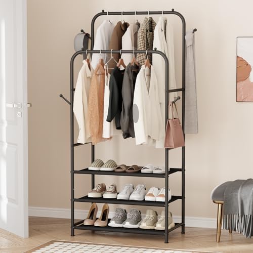 Furologee Double Rods Clothing Garment Rack with 3-Tier Storage Shelf,Clothes Rack for Hanging Clothes with 4 Side Hooks,Metal Frame Clothes Organizer for Bedroom,Living Room,Black - Image 9