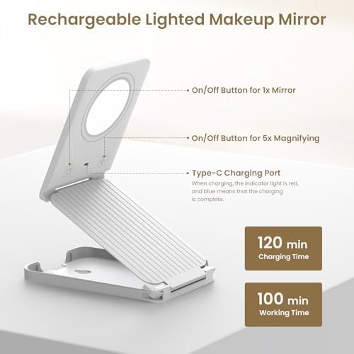 Travel Makeup Mirror with Lights, Portable 1X Vanity Mirror with 5X Lighted Magnification,72 LEDs 3 Color Lights, Rechargeable 1000mAh Battery, Freely Adjust Height and Angle - Image 6