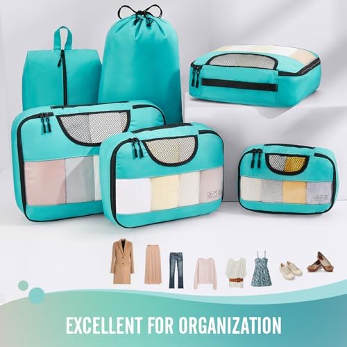 Veken 6 Set Packing Cubes for Suitcases, Travel Essentials for Carry on Luggage, Suitcase Organizer Bags Set for Travel Accessories in 4 Sizes(Extra Large, Large, Medium, Small)，Cyan - Image 3