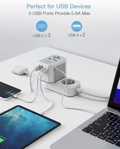 TESSAN Universal Travel Adapter, International Power Adapter 5.6A 3 USB C 2 USB A Ports, Plug Adaptor Travel Worldwide, Travel Charger Outlet Converter for Europe UK EU AUS (Type C/G/A/I) - Image 3