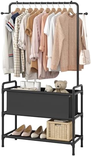 Calmootey Clothing Rack with Storage Bag, 3-in-1 Garment Rack, Non-woven Shelves for Shoes, Clothes Rack for Bedroom, Hallway, Entryway, Black