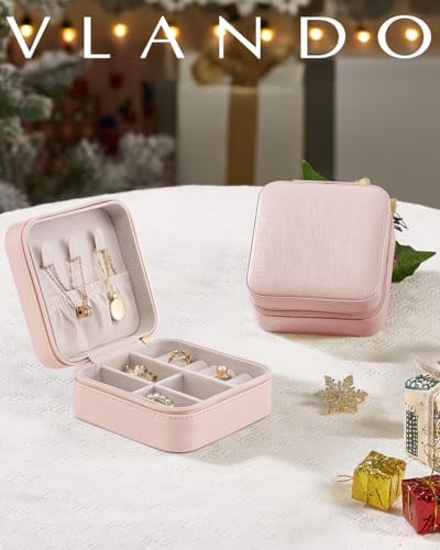 Vlando Travel Jewelry Box, Small Jewelry Travel Organizer Case Travel Essentials Christmas Gift for Women Girl - Pink - Image 2