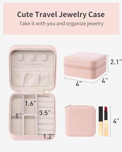 Vlando Travel Jewelry Box, Small Jewelry Travel Organizer Case Travel Essentials Christmas Gift for Women Girl - Pink - Image 5