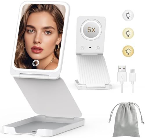 Travel Makeup Mirror with Lights, Portable 1X Vanity Mirror with 5X Lighted Magnification,72 LEDs 3 Color Lights, Rechargeable 1000mAh Battery, Freely Adjust Height and Angle