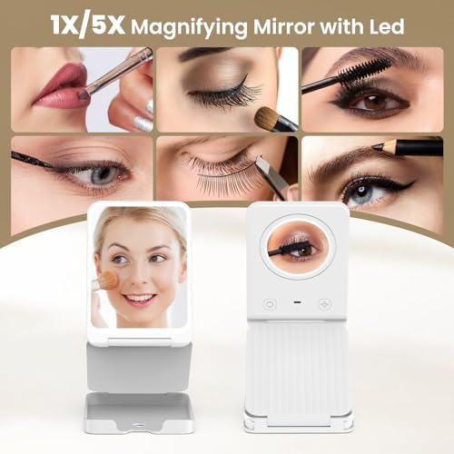 Travel Makeup Mirror with Lights, Portable 1X Vanity Mirror with 5X Lighted Magnification,72 LEDs 3 Color Lights, Rechargeable 1000mAh Battery, Freely Adjust Height and Angle - Image 5