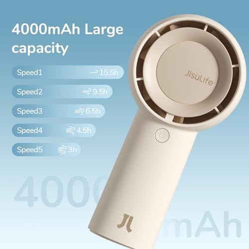 JISULIFE Handheld Portable Turbo Fan [16H Max Cooling Time], 4000mAh USB Rechargeable Personal Battery Operated Mini Small Pocket Fan with 5 Speeds for Travel/Outdoor/Home/Office - Brown - Image 3