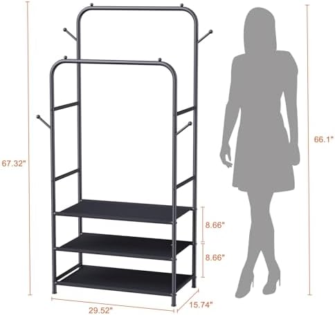 Furologee Double Rods Clothing Garment Rack with 3-Tier Storage Shelf,Clothes Rack for Hanging Clothes with 4 Side Hooks,Metal Frame Clothes Organizer for Bedroom,Living Room,Black - Image 8