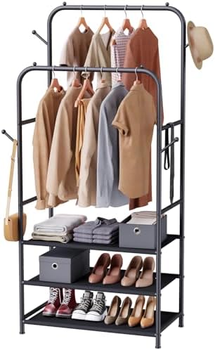 Furologee Double Rods Clothing Garment Rack with 3-Tier Storage Shelf,Clothes Rack for Hanging Clothes with 4 Side Hooks,Metal Frame Clothes Organizer for Bedroom,Living Room,Black