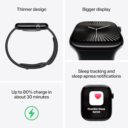 Apple Watch Series 10 [GPS 46mm case] Smartwatch with Jet Black Aluminium Case with Black Sport Band - M/L. Fitness Tracker, ECG App, Always-On Retina Display, Water Resistant - Image 4