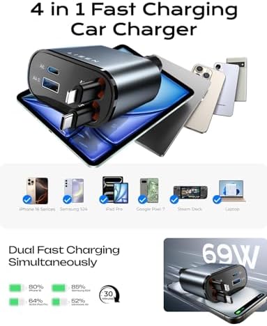 LISEN Retractable Car Charger 4 in 1 [69W USB C Car Charger Adapter] iPhone 16 Car Charger Fast Charging, Gift for Men Women, Car Accessories USBC Car Charger for iPhone 16 15 14 13 12 Android, Gray - Image 4