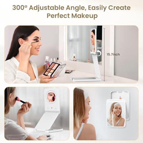 Travel Makeup Mirror with Lights, Portable 1X Vanity Mirror with 5X Lighted Magnification,72 LEDs 3 Color Lights, Rechargeable 1000mAh Battery, Freely Adjust Height and Angle - Image 2