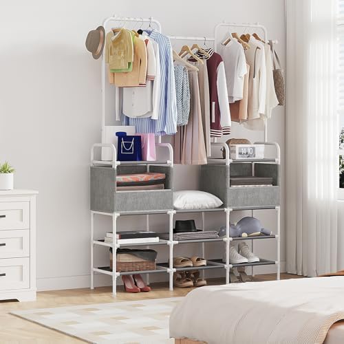 Laiensia Clothes Rack,3 Rods Portable Clothing Hanging Garment Rack,Coat and Shoe Rack with 4 Storage Shelves and 4 Storage Pockets,for Bedroom,Entryway,Living Room,Grey&White - Image 4