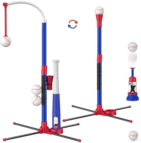 3-in-1 Baseball Set for Kids 3-5 - Tee Ball Stand, Hanging Tee, Ball Launcher and 6 Softballs - Adjustable Height, Indoor/Outdoor Sport Gifts for Boys, Blue