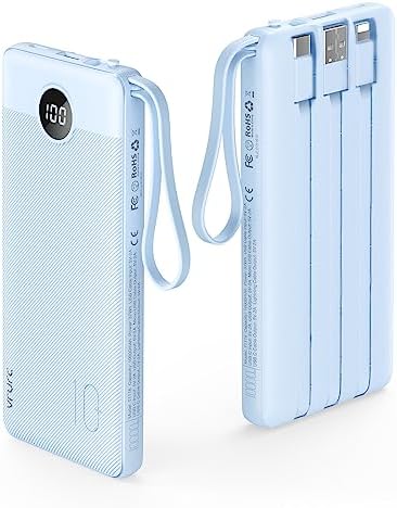 VRURC 10000mAh Power Bank Built-in Cables, Portable Charger with LED Display, Slim Travel Battery Pack with Cords, 5 Output Dual Input Phone Charger for Cell Phone Smart Devcies-Blue(1 Pack)