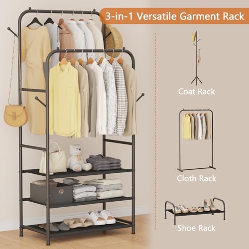 Furologee Double Rods Clothing Garment Rack with 3-Tier Storage Shelf,Clothes Rack for Hanging Clothes with 4 Side Hooks,Metal Frame Clothes Organizer for Bedroom,Living Room,Black - Image 2