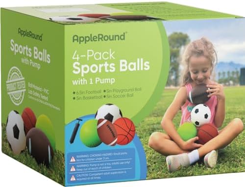 AppleRound Pack of 4 Toy Sports Balls with 1 Pump for Toddlers and Kids: 5-Inch Basketball, 5-Inch Soccer Ball, 5-Inch Playground Ball, 6.5-Inch Football (Mixed Bundle) - Image 2