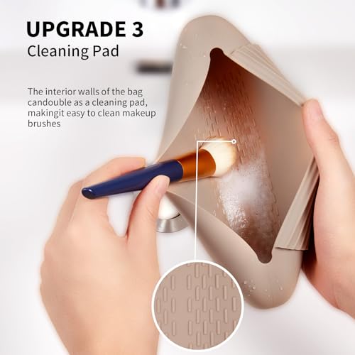 Silicone Makeup Brush Holder Travel Cosmetic Bag：Soft Portable Cosmetic Face Brushes Holder with Upgrade Anti-Fall Out Magnetic Closure, Large Travel Makeup Brush Case - Walnut - Image 4