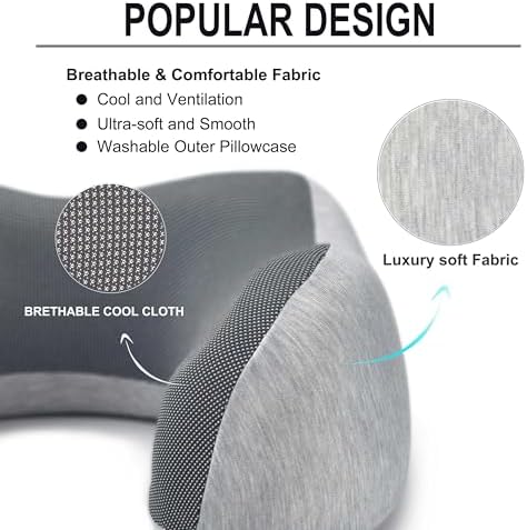 napfun Neck Pillow for Traveling, Upgraded Travel Neck Pillow for Airplane 100% Pure Memory Foam Travel Pillow for Flight Headrest Sleep, Portable Plane Accessories, Light Grey - Image 3