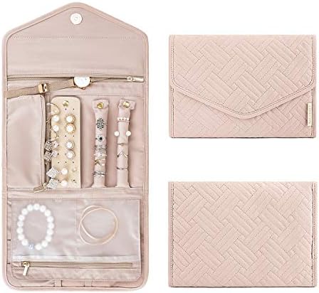 BAGSMART Travel Jewelry Organizer Roll Foldable Jewelry Case for Journey-Rings, Necklaces, Bracelets, Earrings, Soft Pink