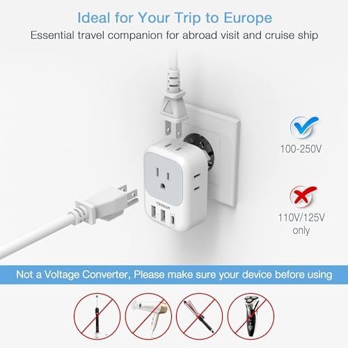 European Travel Plug Adapter USB C, TESSAN International Plug Adapter with 4 AC Outlets and 3 USB Ports, Type C Power Adaptor Charger for US to Most of Europe Iceland Spain Italy France Germany - Image 4