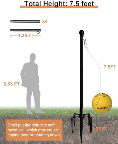 Garbuildman Tetherball Set with Ball & Rope for Outdoor Backyard, Adjustable Tether Ball Pole with Reinforced 5-Prong Base for Playground, Outside Ball Games Sports for Kids & Adults, Black - Image 3