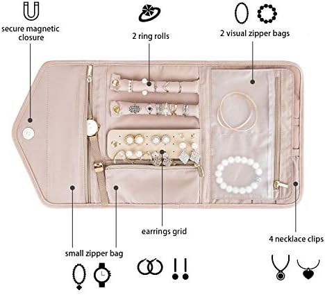 BAGSMART Travel Jewelry Organizer Roll Foldable Jewelry Case for Journey-Rings, Necklaces, Bracelets, Earrings, Soft Pink - Image 3