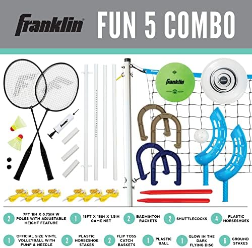 Franklin Sports Fun 5 Combo Outdoor Game Set - Backyard, Beach + Camping Games for Kids - Badminton, Volleyball, Flip Toss, Flying Disc - Horseshoes or Ring Toss - Image 2