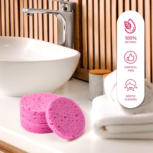 50-Count Compressed Facial Sponges for Daily Facial Cleansing and Exfoliating, 100％ Natural Cosmetic Spa Sponges for Makeup Remover, Reusable, Pink - Image 7