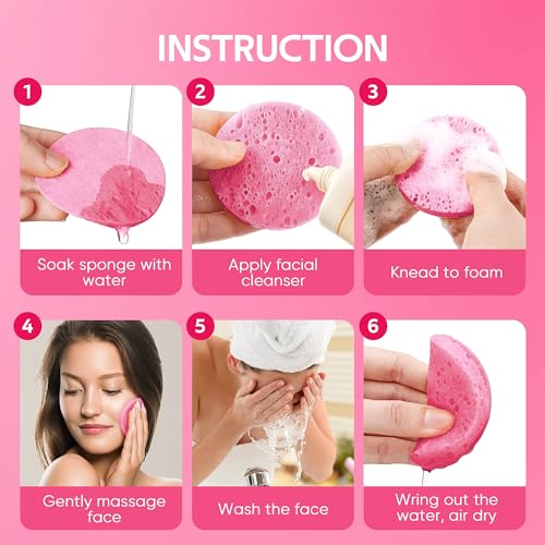 50-Count Compressed Facial Sponges for Daily Facial Cleansing and Exfoliating, 100％ Natural Cosmetic Spa Sponges for Makeup Remover, Reusable, Pink - Image 3