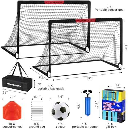 Kids Soccer Goals for Backyard Set - 2 of 6x4 ft Portable Soccer Goal Training Equipment, Practice Soccer Net with Soccer Ball, Cones, Bag, Soccer Set for Kids Youth Toddler Games, Sports Outdoor Play - Image 2