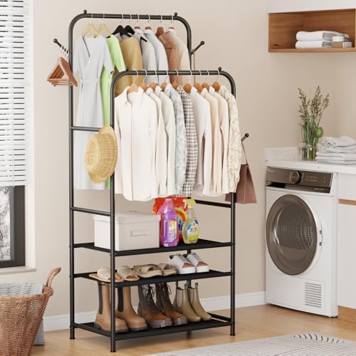 Furologee Double Rods Clothing Garment Rack with 3-Tier Storage Shelf,Clothes Rack for Hanging Clothes with 4 Side Hooks,Metal Frame Clothes Organizer for Bedroom,Living Room,Black - Image 6