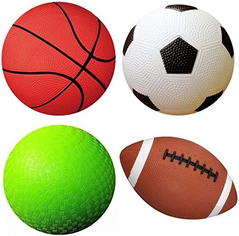 AppleRound Pack of 4 Toy Sports Balls with 1 Pump for Toddlers and Kids: 5-Inch Basketball, 5-Inch Soccer Ball, 5-Inch Playground Ball, 6.5-Inch Football (Mixed Bundle)