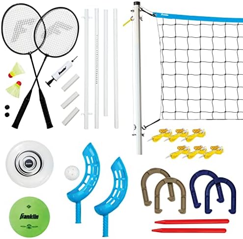 Franklin Sports Fun 5 Combo Outdoor Game Set - Backyard, Beach + Camping Games for Kids - Badminton, Volleyball, Flip Toss, Flying Disc - Horseshoes or Ring Toss