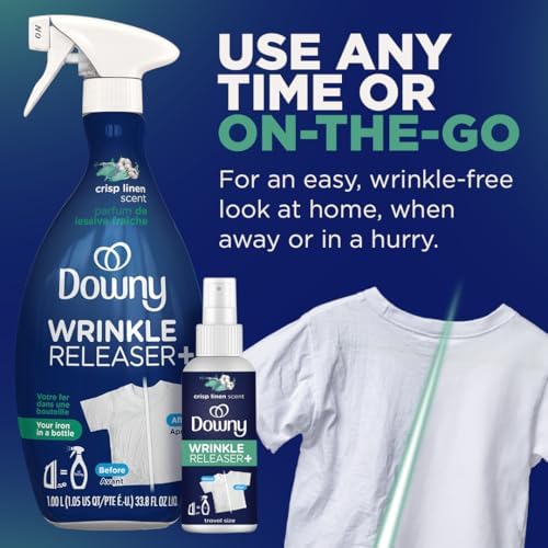 Downy Wrinkle Release Spray, Travel Size Spray, All In One Formula, Removes Wrinkles, Static and Odor Eliminator, Crisp Linen Scent, 3 Fl Oz, Pack of 3 - Image 5