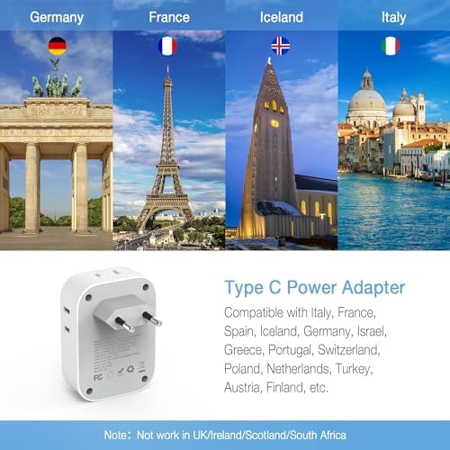 European Travel Plug Adapter USB C, TESSAN International Plug Adapter with 4 AC Outlets and 3 USB Ports, Type C Power Adaptor Charger for US to Most of Europe Iceland Spain Italy France Germany - Image 2