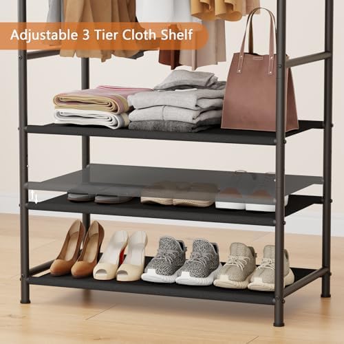 Furologee Double Rods Clothing Garment Rack with 3-Tier Storage Shelf,Clothes Rack for Hanging Clothes with 4 Side Hooks,Metal Frame Clothes Organizer for Bedroom,Living Room,Black - Image 5