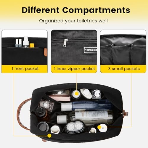 Vorspack Toiletry Bag Hanging Dopp Kit for Men Water Resistant Canvas Shaving Bag with Large Capacity for Travel- Black - Image 3