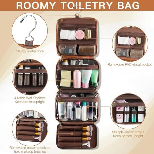 Elviros Toiletry Bag Hanging Travel Organizer for Men and Women, 3 in 1 Multifunctional Large Makeup Cosmetic Case for Toiletries Accessories, Water-resistant PU Leather Bathroom Dopp Kit Shaving Bag - Image 4