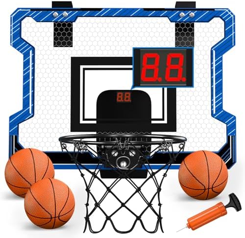 Mini Basketball Hoop Indoor with Scoreboard, Door Basketball Hoop with 3 Balls & Inflator, Basketball Toy Gifts for Kids Boys Girls Teens Adults, Suit for Bedroom/Office/Outdoor/Pool, Blue