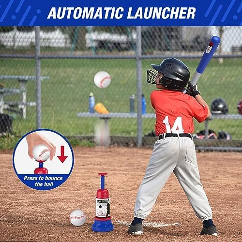 3-in-1 Baseball Set for Kids 3-5 - Tee Ball Stand, Hanging Tee, Ball Launcher and 6 Softballs - Adjustable Height, Indoor/Outdoor Sport Gifts for Boys, Blue - Image 4