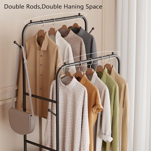 Furologee Double Rods Clothing Garment Rack with 3-Tier Storage Shelf,Clothes Rack for Hanging Clothes with 4 Side Hooks,Metal Frame Clothes Organizer for Bedroom,Living Room,Black - Image 4