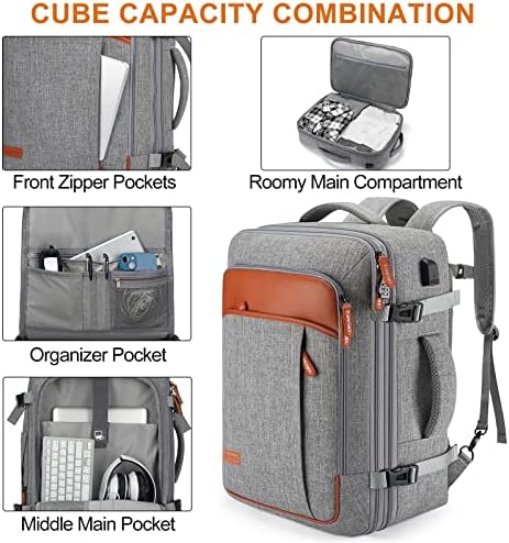 Lumesner Carry on Backpack, Extra Large 40L Flight Approved Travel Backpack for Men & Women,Expandable Large Suitcase Backpacks With 4 Packing Cubes,Water Resistant Luggage Daypack Weekender Bag,Grey - Image 5