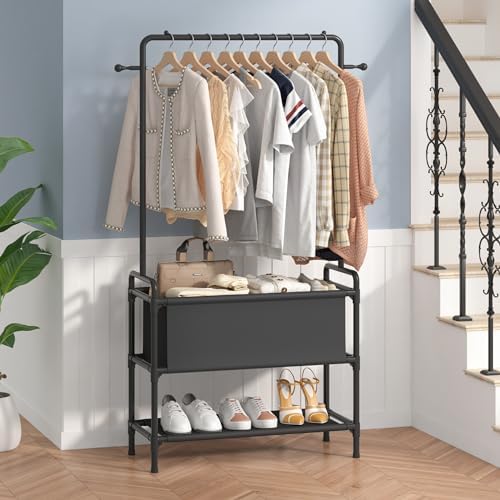 Calmootey Clothing Rack with Storage Bag, 3-in-1 Garment Rack, Non-woven Shelves for Shoes, Clothes Rack for Bedroom, Hallway, Entryway, Black - Image 3