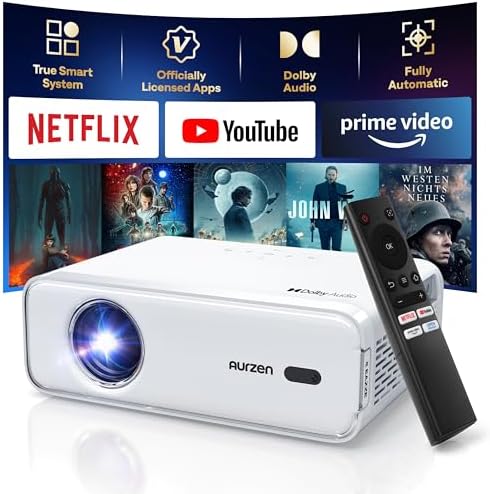 EAZZE D1 Smart Projector with WiFi and Bluetooth, Netflix-Officially-Licensed, Auto Focus & Keystone, DoIby Audio, Zoom, Native 1080P Movie, Portable Outdoor Mini Projector, White