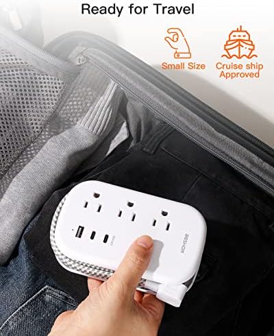 BESHON Flat Plug Power Strip, 3 Outlets with 3 USB Ports(2 USB C), Ultra Flat 3.2ft Wrapped Around Extension Cord for Cruise Ship, Travel, Dorm Room Essentials - Image 6