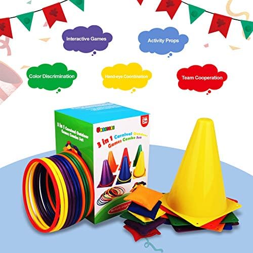 unanscre 31PCS 3 in 1 Carnival Outdoor Games Combo Set for Kids, Soft Plastic Cones Bean Bags Ring Toss Game, Gift for Birthday Party/Xmas - Image 3